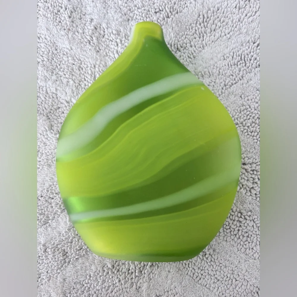 CRATE & BARREL Frosted Glass LIMA Vase Greens White Swirl 11